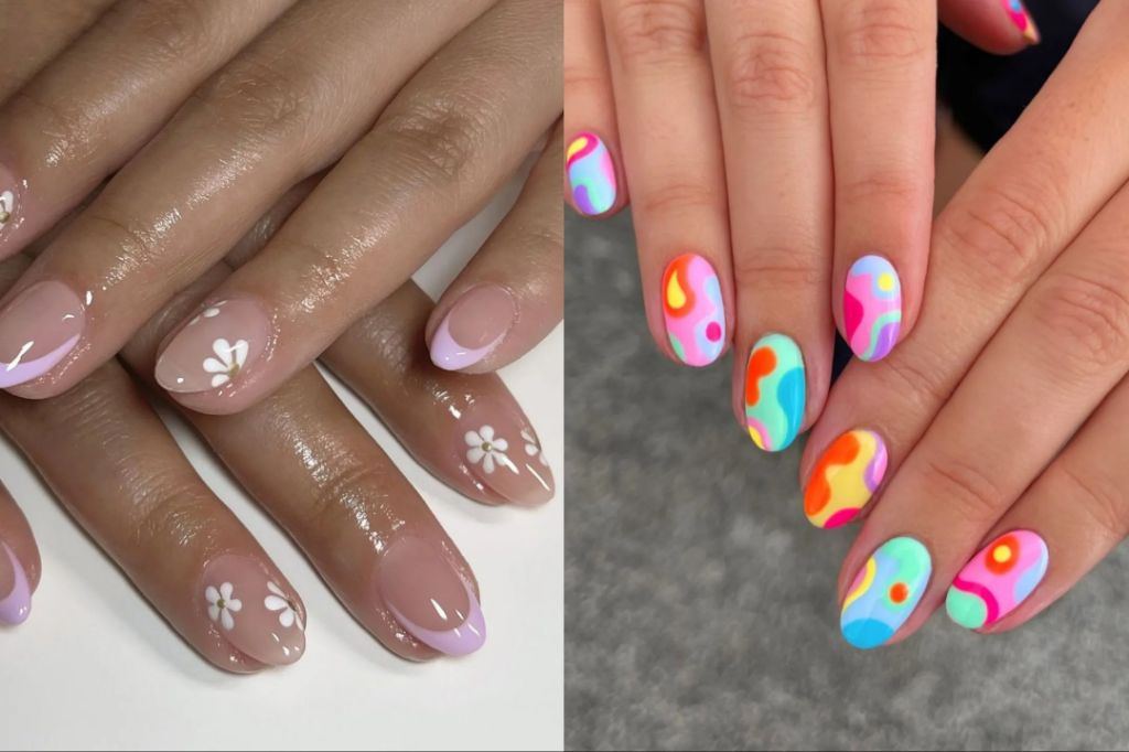 a collage of colorful squoval nails with various nail art designs like florals, gradients, and french tips.