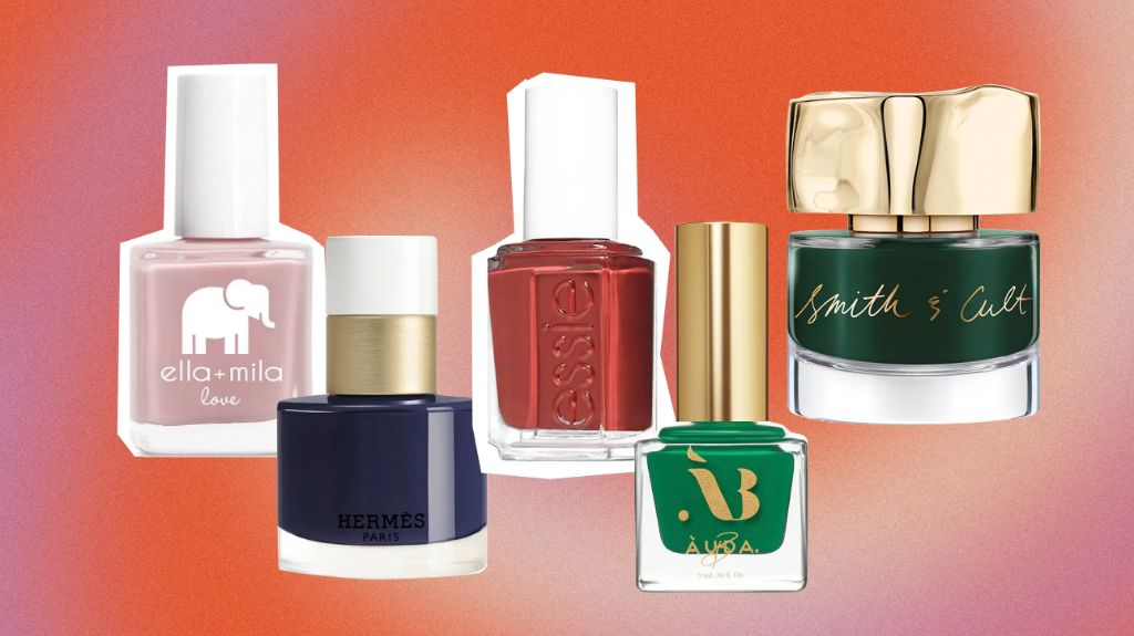 a collage of nail polish bottles from eco-friendly brands like tenoverten, zoya, and ella+mila.