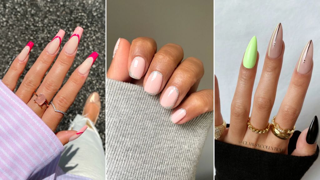 a collage showing different artificial nail shapes on hands, including coffin, square, almond, oval, and stiletto.