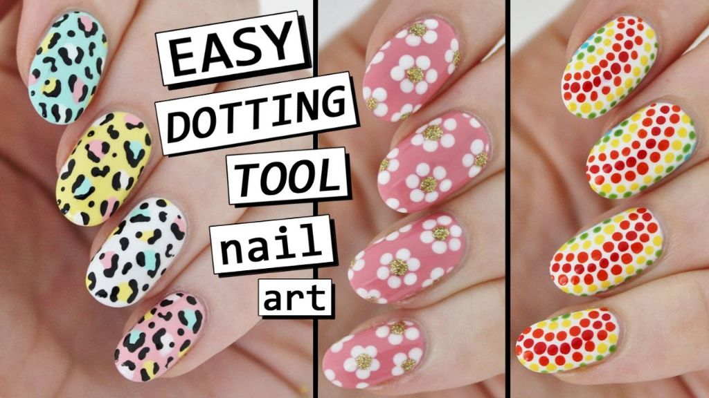 assortment of nail art tools including striping tape, dotting tools, and small paint brushes