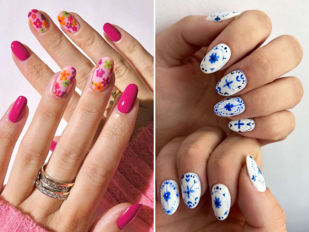 photo of colorful nail art and accents like stripes, flowers, and dots