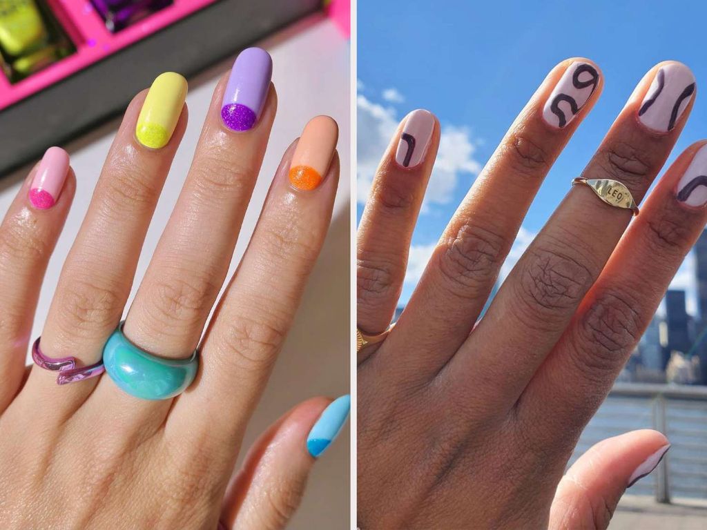 woman painting short nails with colorful polka dots